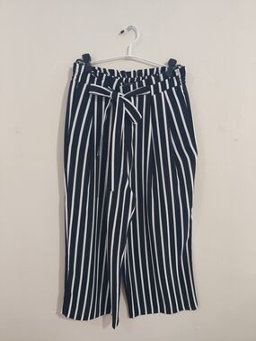 Zara Black and White Vertical Stripe Cropped Paperbag Pants